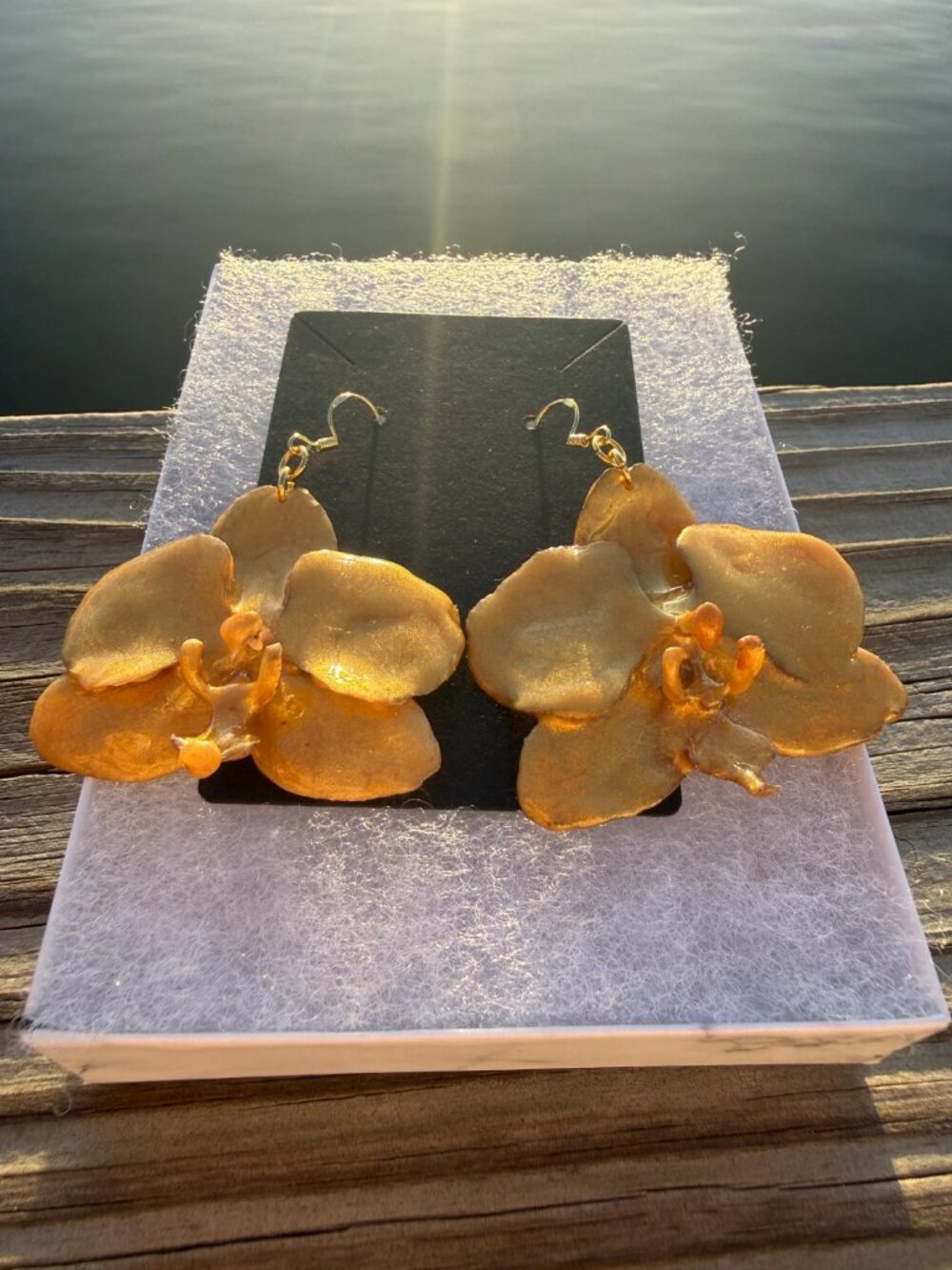 Real Orchid Resin Earrings | Gold Flake Dangle Drop | Preserved Flower - Picture 2 of 4